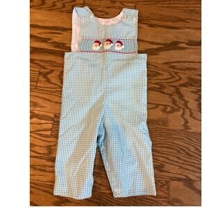 Be Mine Baby 18mos Blue Gingham Santa Embroidered Smocked Jon Jon Romper EUC